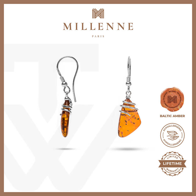 MILLENNE Multifaceted Baltic Amber Rustic Silver Earrings with 925 Sterling Silver