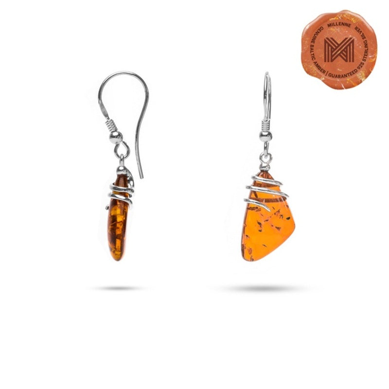 MILLENNE Multifaceted Baltic Amber Rustic Silver Earrings with 925 Sterling Silver