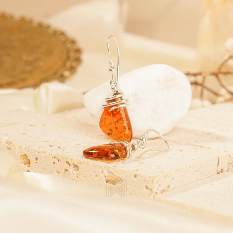 MILLENNE Multifaceted Baltic Amber Rustic Silver Earrings with 925 Sterling Silver