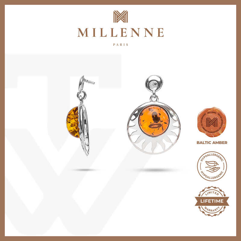 MILLENNE Multifaceted Baltic Amber Sun Silver Earrings with 925 Sterling Silver