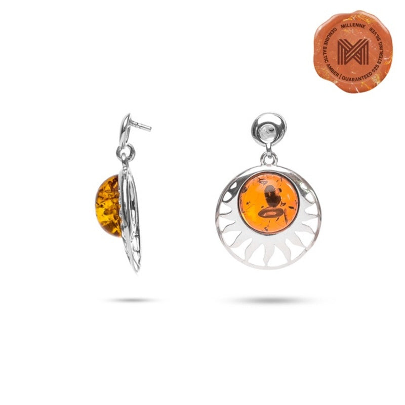 MILLENNE Multifaceted Baltic Amber Sun Silver Earrings with 925 Sterling Silver