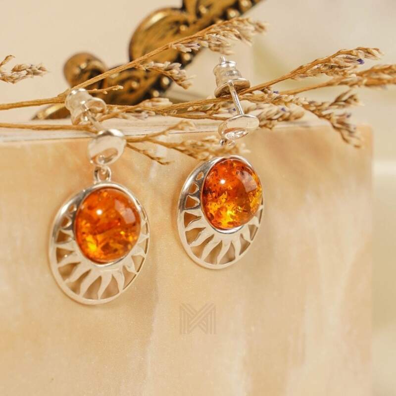 MILLENNE Multifaceted Baltic Amber Sun Silver Earrings with 925 Sterling Silver