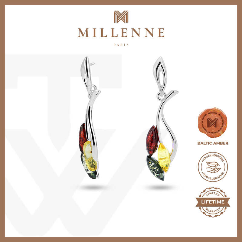 MILLENNE Multifaceted Baltic Amber Leaves of Fall Silver Earrings with 925 Sterling Silver