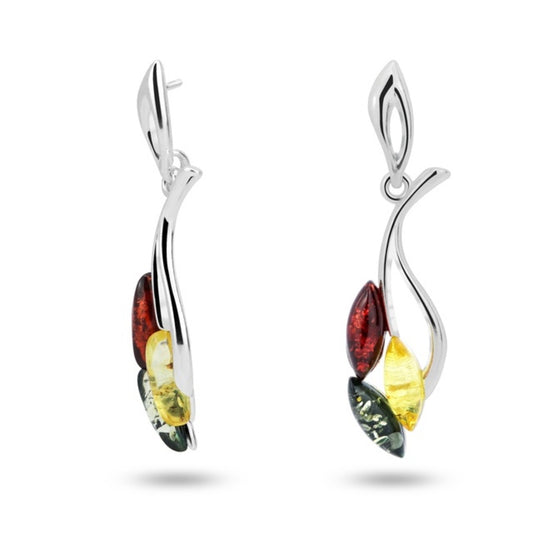 MILLENNE Multifaceted Baltic Amber Leaves of Fall Silver Earrings with 925 Sterling Silver