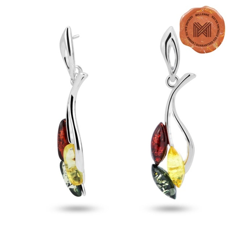 MILLENNE Multifaceted Baltic Amber Leaves of Fall Silver Earrings with 925 Sterling Silver