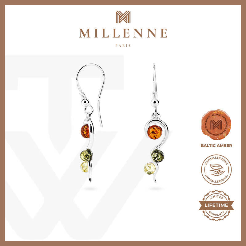 MILLENNE Multifaceted Baltic Amber Tristone Silver Earrings with 925 Sterling Silver