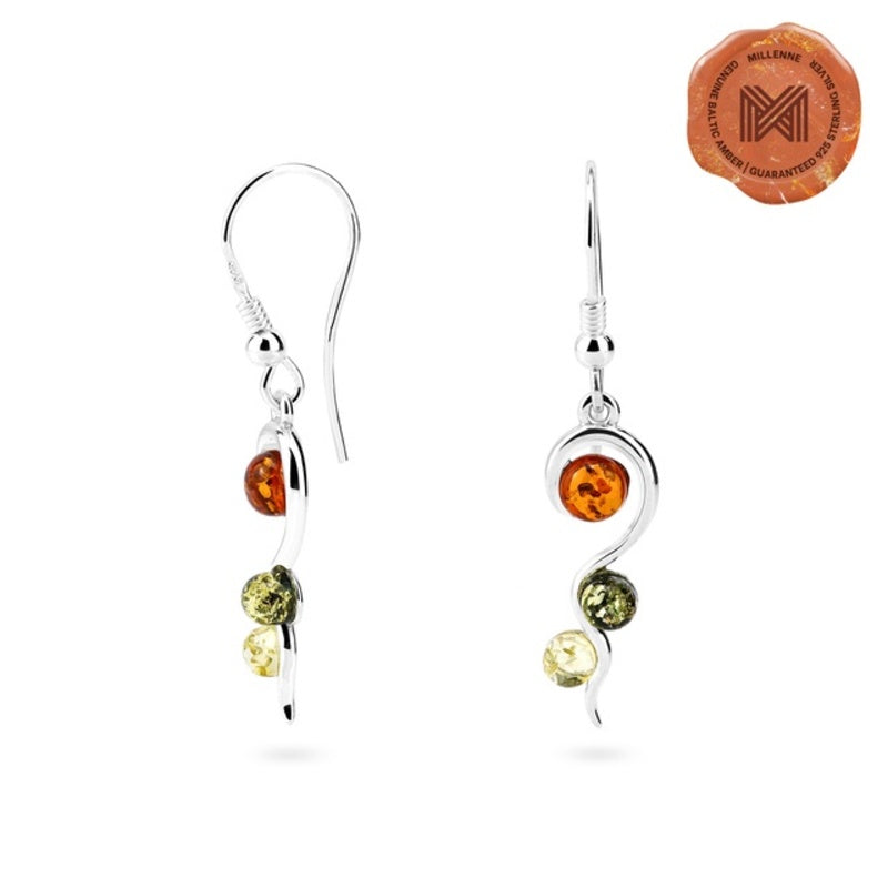 MILLENNE Multifaceted Baltic Amber Tristone Silver Earrings with 925 Sterling Silver