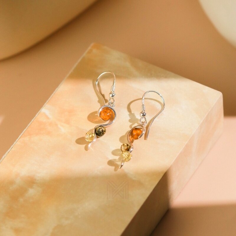 MILLENNE Multifaceted Baltic Amber Tristone Silver Earrings with 925 Sterling Silver