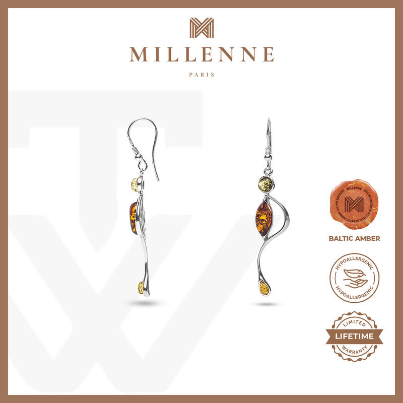 MILLENNE Multifaceted Baltic Amber Organic Flow Silver Earrings with 925 Sterling Silver