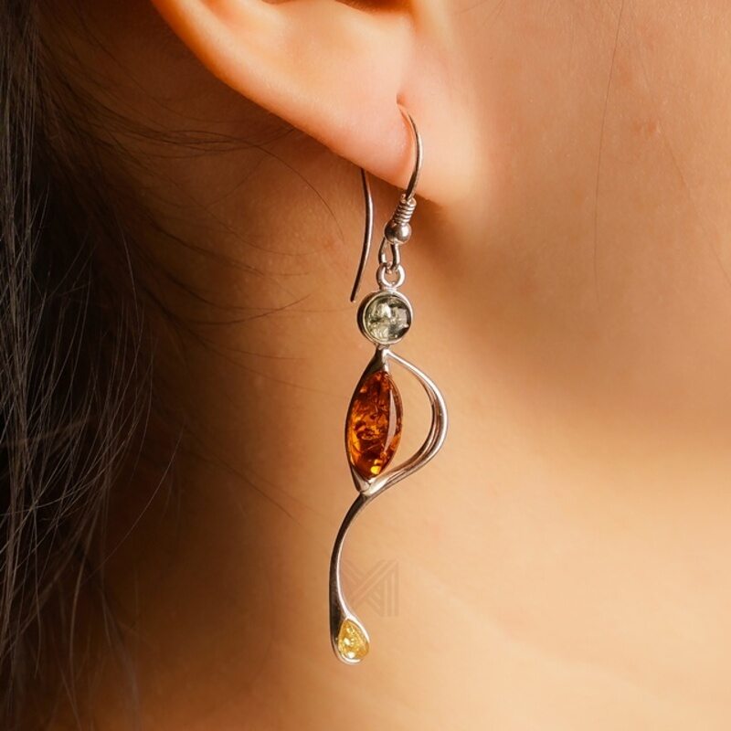 MILLENNE Multifaceted Baltic Amber Organic Flow Silver Earrings with 925 Sterling Silver