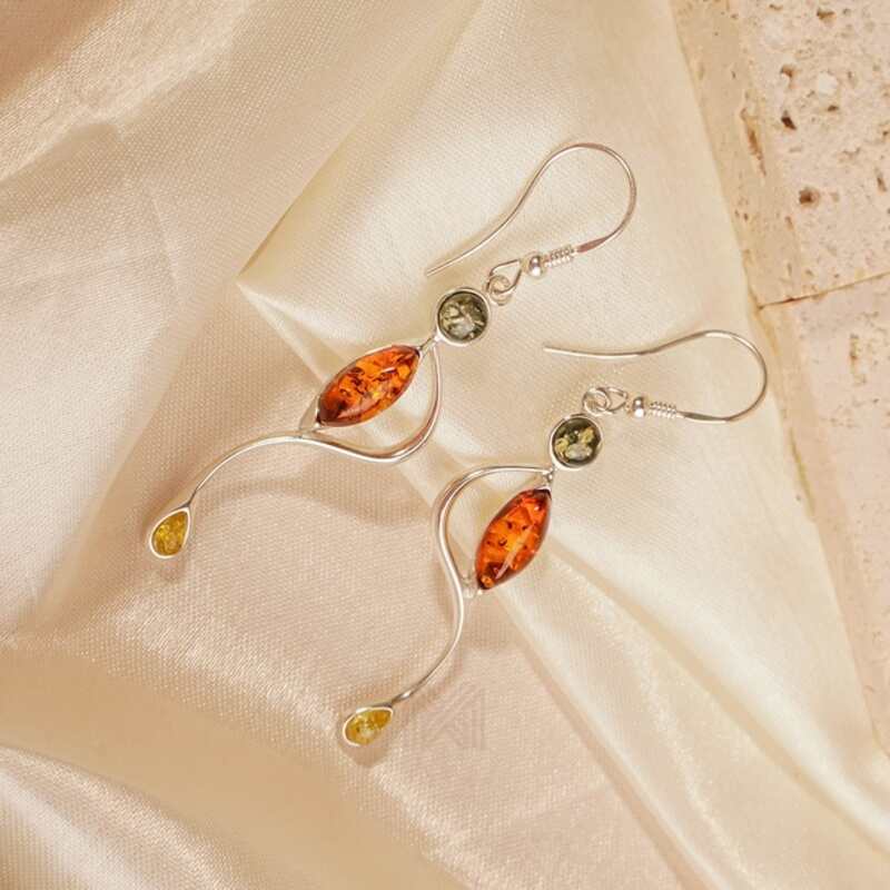 MILLENNE Multifaceted Baltic Amber Organic Flow Silver Earrings with 925 Sterling Silver