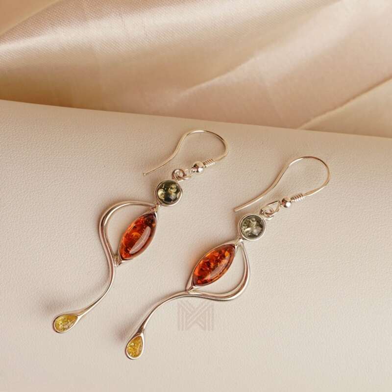 MILLENNE Multifaceted Baltic Amber Organic Flow Silver Earrings with 925 Sterling Silver