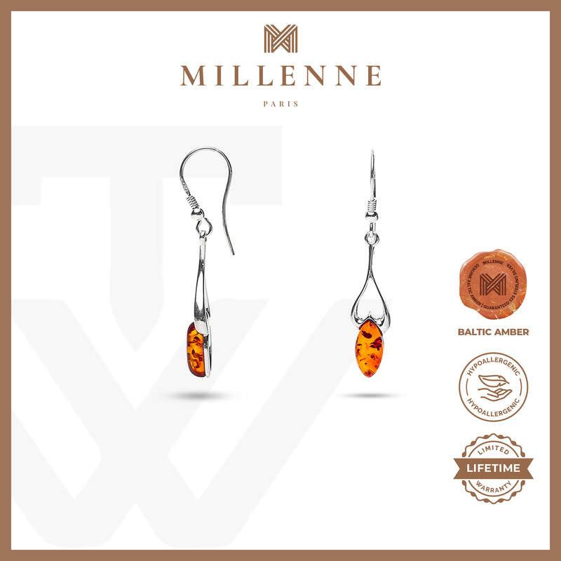 MILLENNE Multifaceted Baltic Amber Heart On Your Leaf Silver Earrings with 925 Sterling Silver