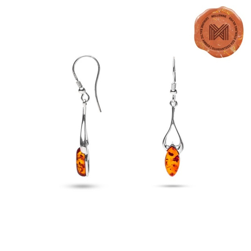 MILLENNE Multifaceted Baltic Amber Heart On Your Leaf Silver Earrings with 925 Sterling Silver