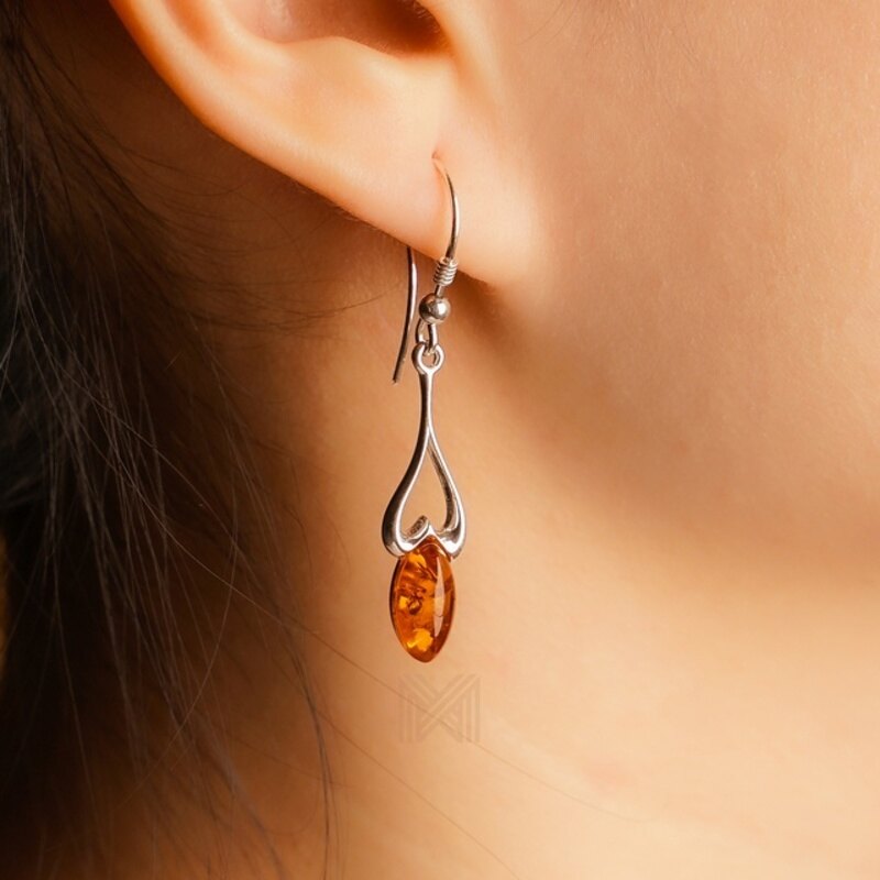 MILLENNE Multifaceted Baltic Amber Heart On Your Leaf Silver Earrings with 925 Sterling Silver