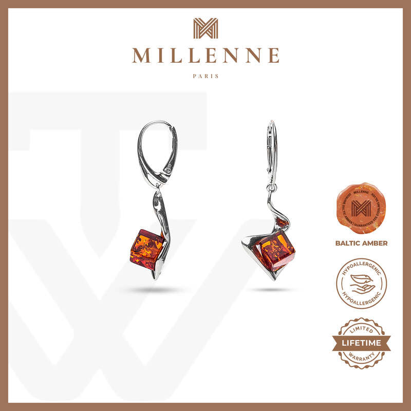 MILLENNE Multifaceted Baltic Amber Cube Silver Earrings with 925 Sterling Silver