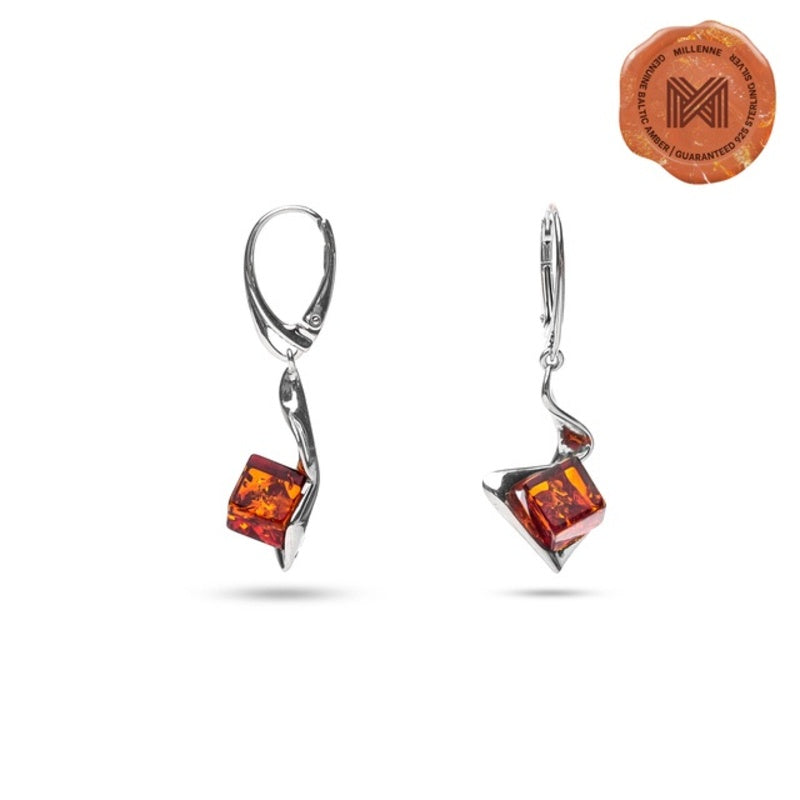 MILLENNE Multifaceted Baltic Amber Cube Silver Earrings with 925 Sterling Silver