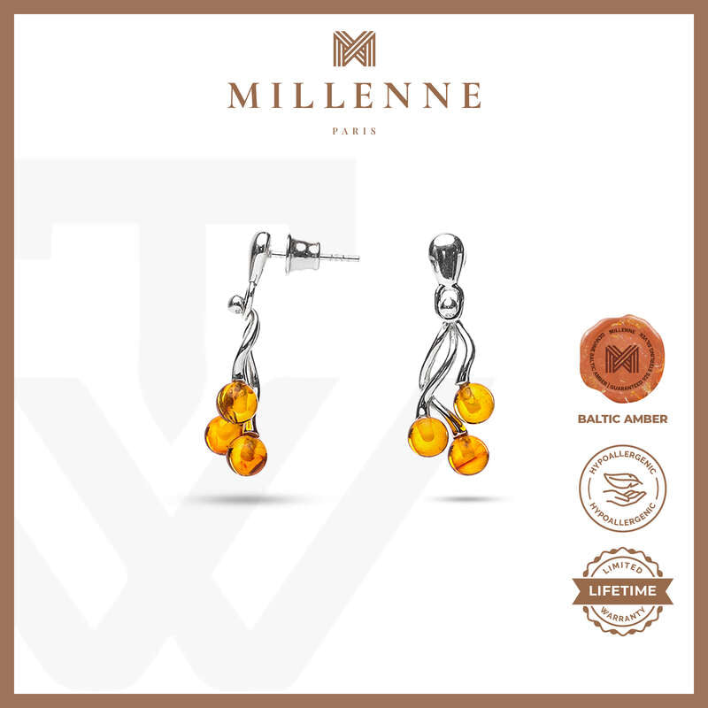 MILLENNE Multifaceted Baltic Amber Trio Silver Earrings with 925 Sterling Silver