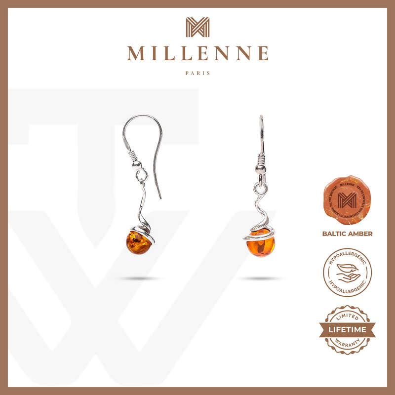 MILLENNE Multifaceted Baltic Amber Pill Silver Earrings with 925 Sterling Silver