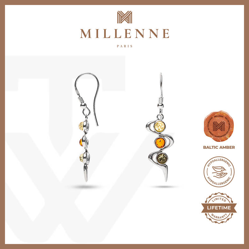 MILLENNE Multifaceted Baltic Amber Ribbon Silver Dangle Earrings with 925 Sterling Silver