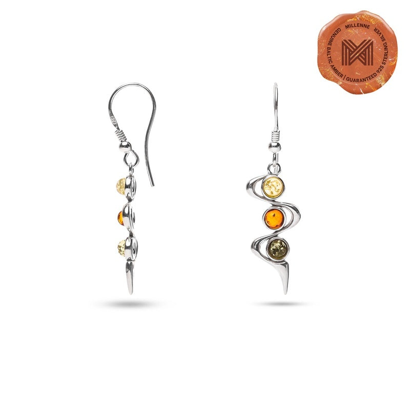 MILLENNE Multifaceted Baltic Amber Ribbon Silver Dangle Earrings with 925 Sterling Silver