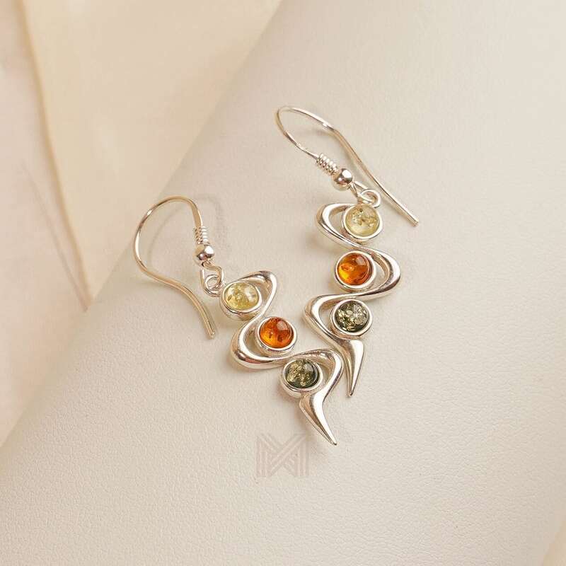 MILLENNE Multifaceted Baltic Amber Ribbon Silver Dangle Earrings with 925 Sterling Silver