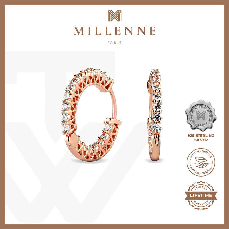 MILLENNE Made For The Night Flat Sun Cubic Zirconia Rose Gold Hoop Earrings with 925 Sterling Silver