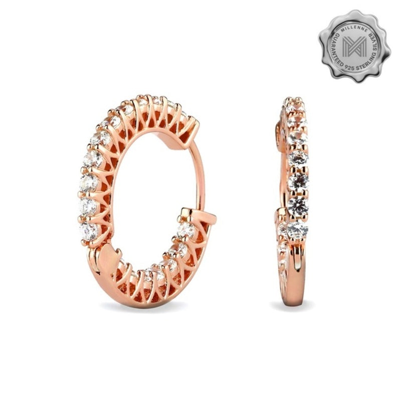 MILLENNE Made For The Night Flat Sun Cubic Zirconia Rose Gold Hoop Earrings with 925 Sterling Silver