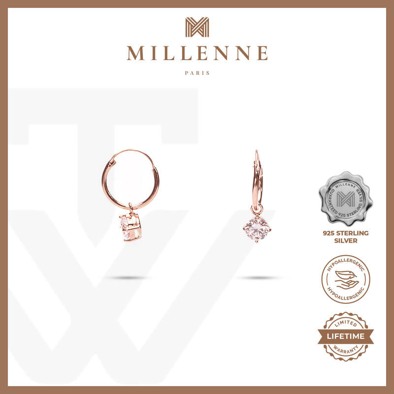 MILLENNE Minimal Square Dangling On Cubic Zirconia Rose Gold Hoop Earrings with 925 Sterling Silver