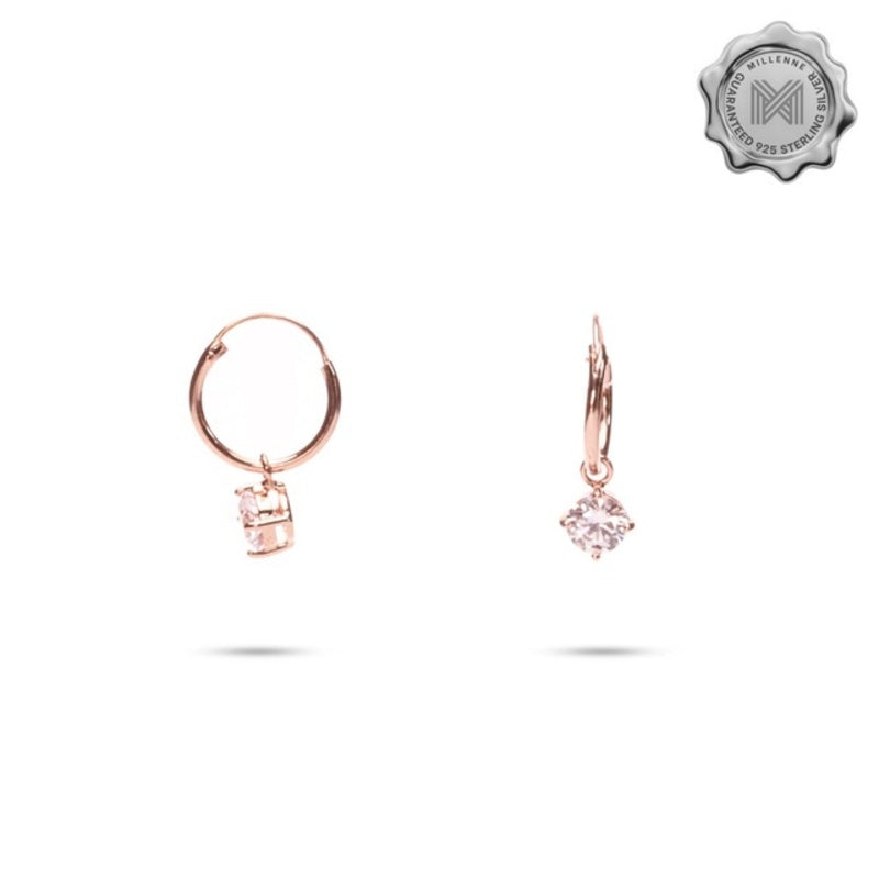 MILLENNE Minimal Square Dangling On Cubic Zirconia Rose Gold Hoop Earrings with 925 Sterling Silver