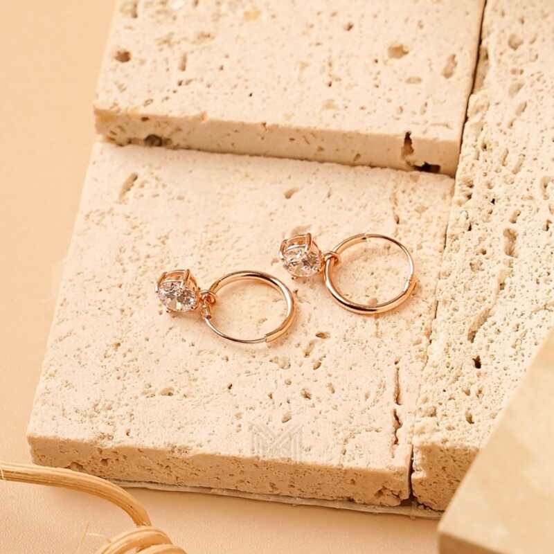 MILLENNE Minimal Square Dangling On Cubic Zirconia Rose Gold Hoop Earrings with 925 Sterling Silver