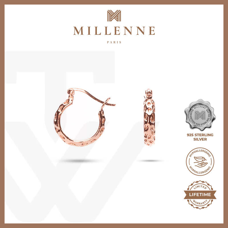 MILLENNE Minimal Rustic Finish Rose Gold Hoop Earrings with 925 Sterling Silver