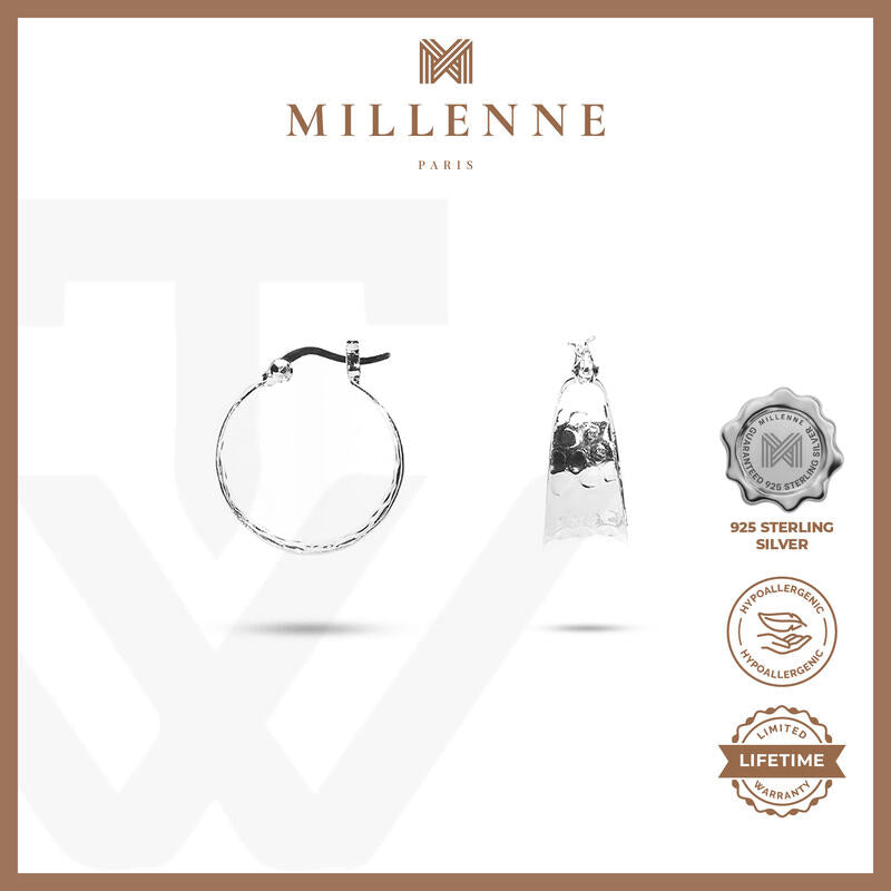 MILLENNE Minimal Hammered Concaved Silver Hoop Earrings with 925 Sterling Silver