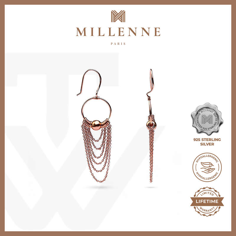 MILLENNE Millennia 2000 Chains Threaded Ball Rose Gold Dangle Earrings with 925 Sterling Silver