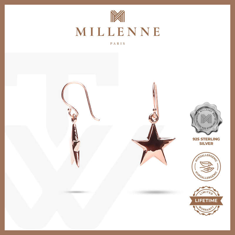 MILLENNE Match The Stars Twinkling Star Dangle Rose Gold Hook Earrings with 925 Sterling Silver