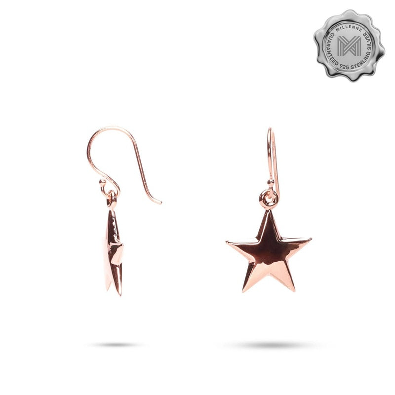 MILLENNE Match The Stars Twinkling Star Dangle Rose Gold Hook Earrings with 925 Sterling Silver