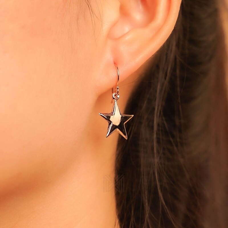 MILLENNE Match The Stars Twinkling Star Dangle Rose Gold Hook Earrings with 925 Sterling Silver