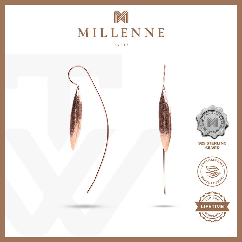 MILLENNE Minimal Brushed Marquise Curve Rose Gold Threader Earrings with 925 Sterling Silver