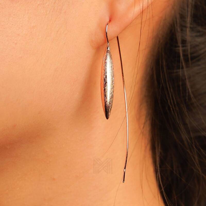 MILLENNE Minimal Brushed Marquise Curve Rose Gold Threader Earrings with 925 Sterling Silver