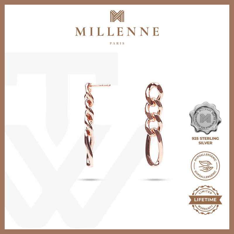 MILLENNE Millennia 2000 Figaro Chain Stud Rose Gold Drop Earrings with 925 Sterling Silver