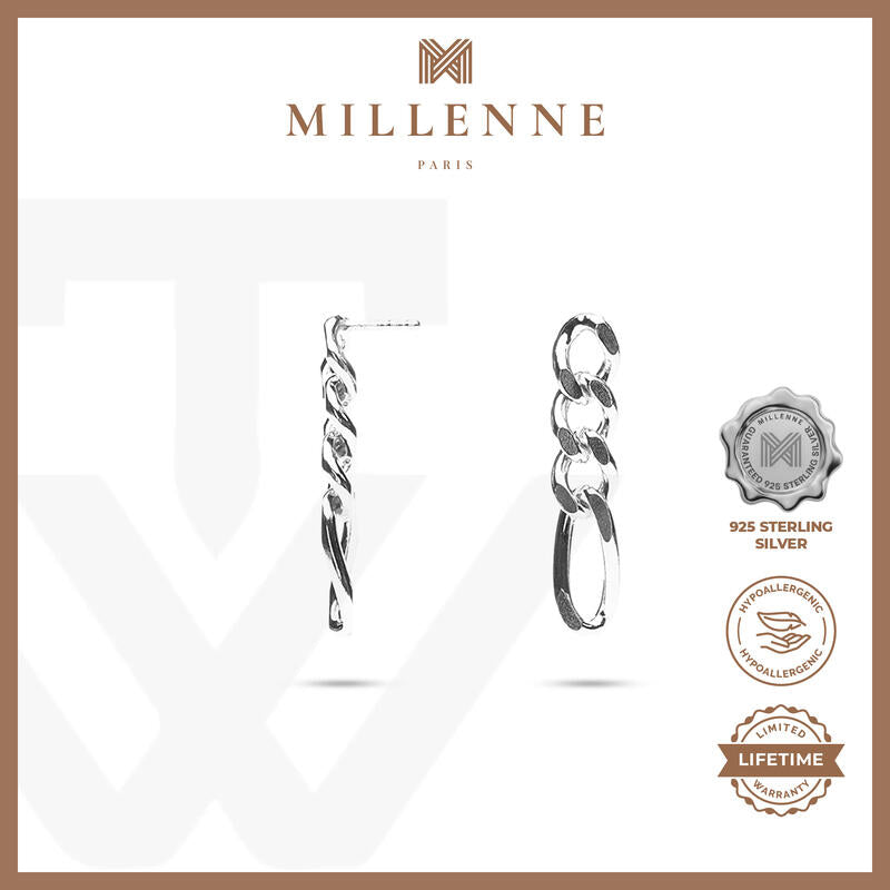 MILLENNE Millennia 2000 Figaro Chain Stud Silver Drop Earrings with 925 Sterling Silver