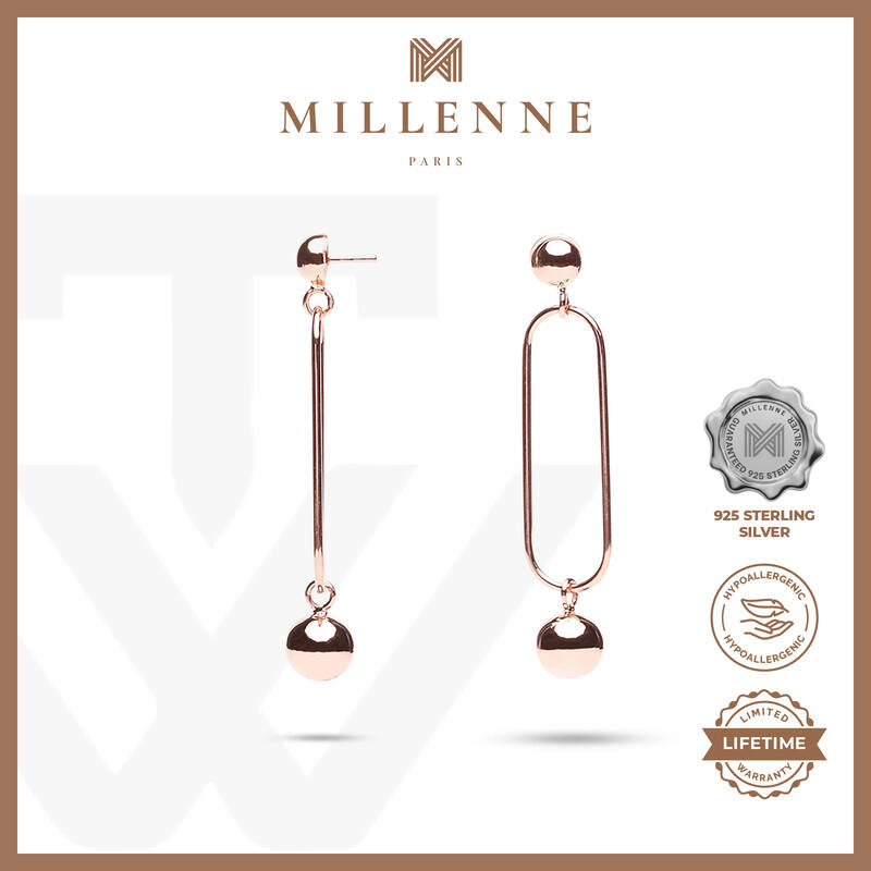 MILLENNE Minimal Oval Open Hanging Sphere Stud Rose Gold Drop Earrings with 925 Sterling Silver