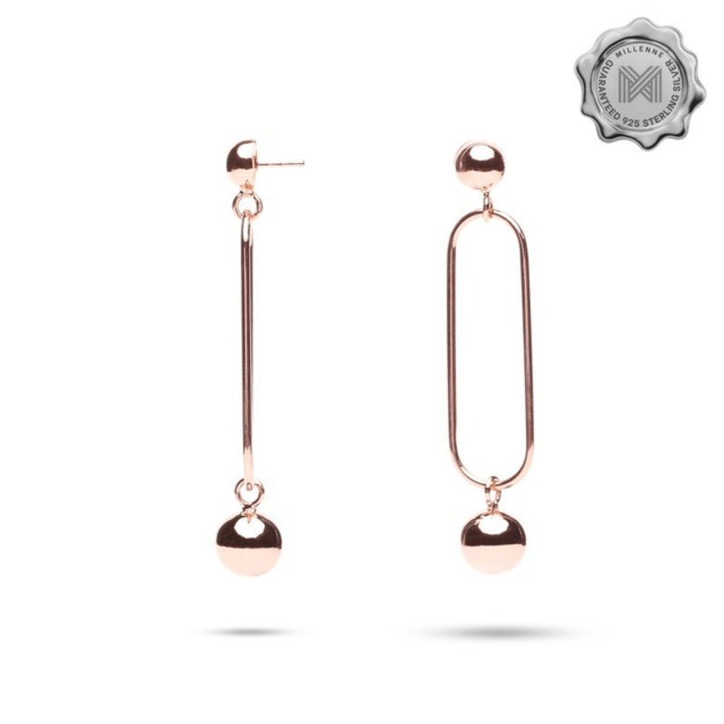 MILLENNE Minimal Oval Open Hanging Sphere Stud Rose Gold Drop Earrings with 925 Sterling Silver