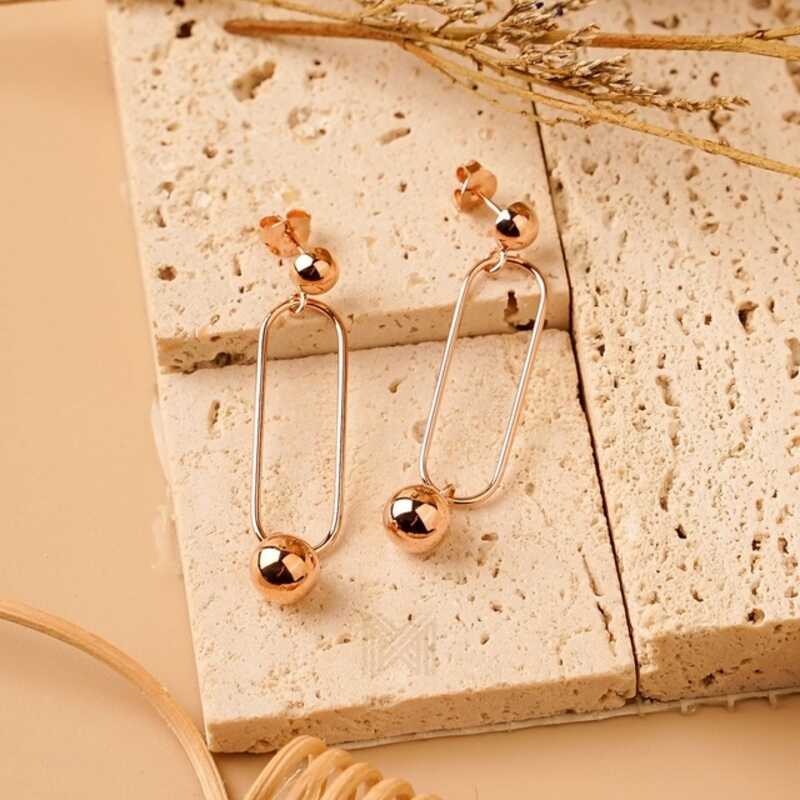 MILLENNE Minimal Oval Open Hanging Sphere Stud Rose Gold Drop Earrings with 925 Sterling Silver