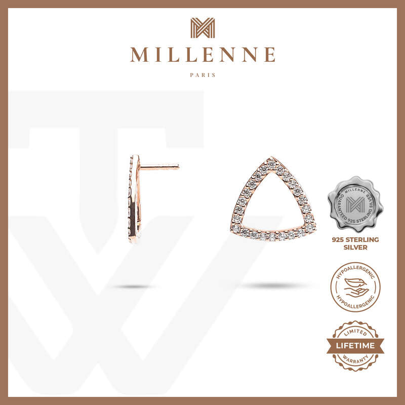 MILLENNE Minimal Sparkling Triangle Cubic Zirconia Rose Gold Stud Earrings with 925 Sterling Silver