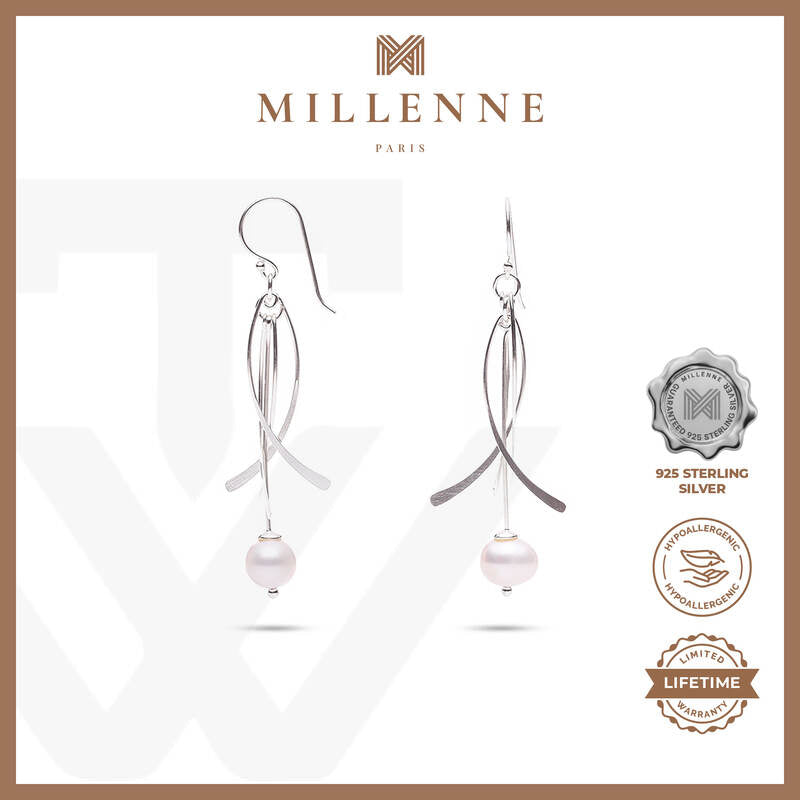 MILLENNE Millennia 2000 Freshwater Pearls Beaded Silver Dangle Earrings with 925 Sterling Silver