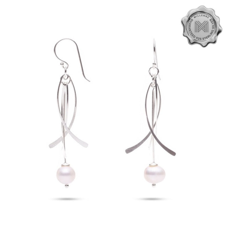 MILLENNE Millennia 2000 Freshwater Pearls Beaded Silver Dangle Earrings with 925 Sterling Silver