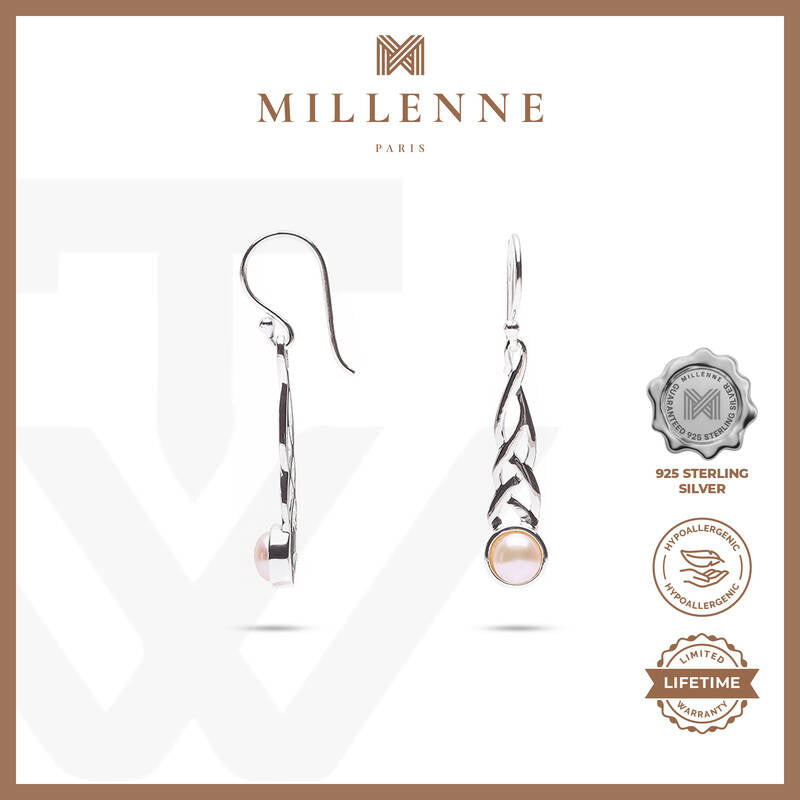 MILLENNE Millennia 2000 Freshwater Pearls Celtic Hook Silver Dangle Earrings with 925 Sterling Silver