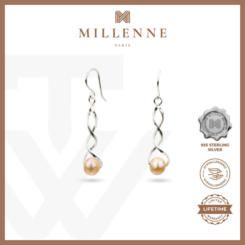 MILLENNE Millennia 2000 Freshwater Pearls Twist Hook Silver Dangle Earrings with 925 Sterling Silver