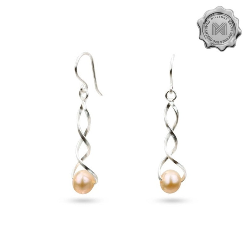 MILLENNE Millennia 2000 Freshwater Pearls Twist Hook Silver Dangle Earrings with 925 Sterling Silver